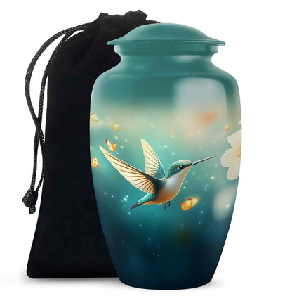 Sea Green Teal Hummingbird Cremation Urn angled view of lid and engraved motif - timeless hummingbird motif etched into premium metal - full-size 10 inch 200 cubic inch adult cremation urn