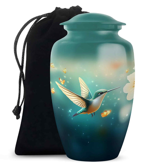 Sea Green Teal Hummingbird Cremation Urn angled view of lid and engraved motif - timeless hummingbird motif etched into premium metal - full-size 10 inch 200 cubic inch adult cremation urn