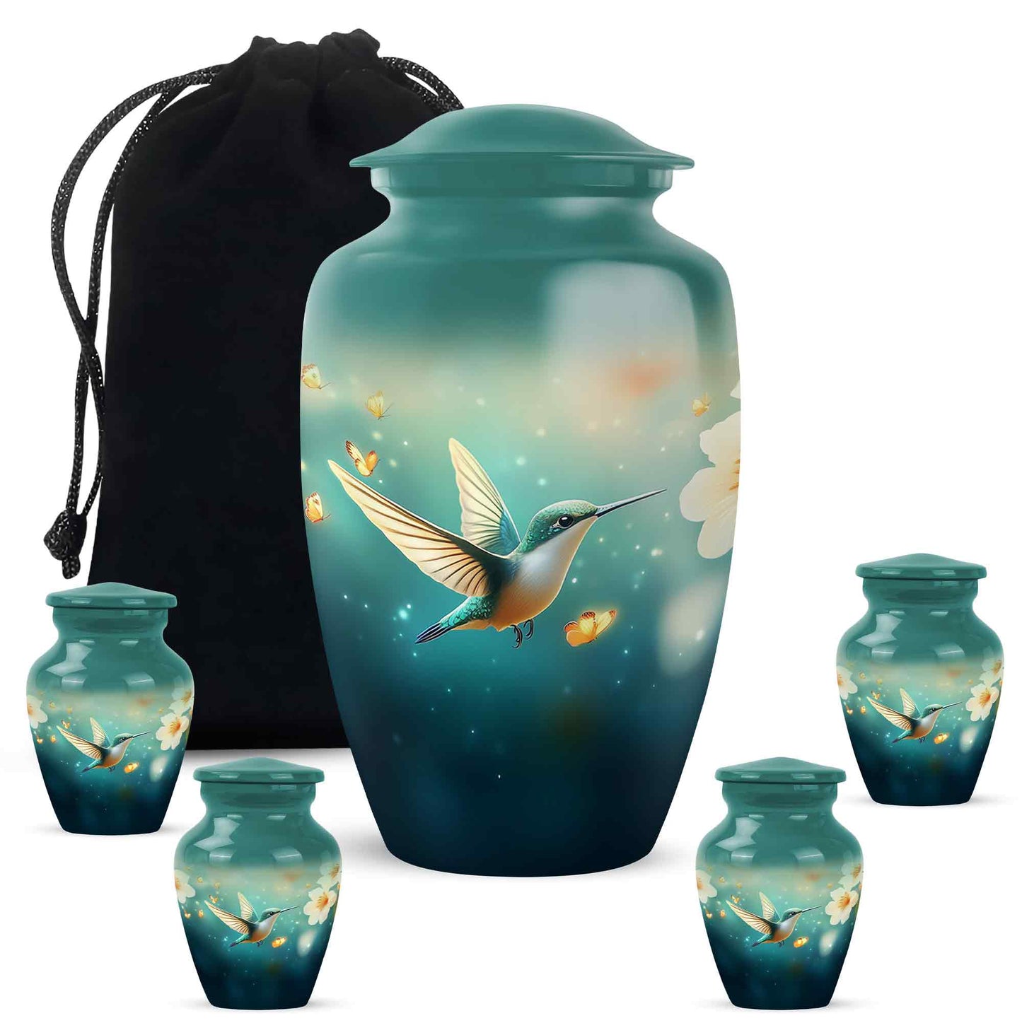 Aqua Teal Hummingbird Cremation Urn top-down view of secure threaded lid - elegant classic hummingbird relief with fine detailing - memorial set with one large and four small urns