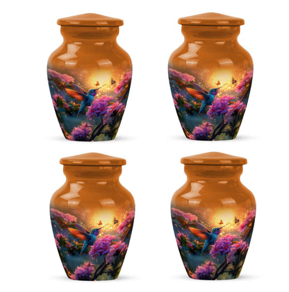 Burnished Gold Hummingbird Cremation Urn side profile showing urn shape - traditional hummingbird engraving with hand-polished finish - 10 inch aluminum urn for cremated remains