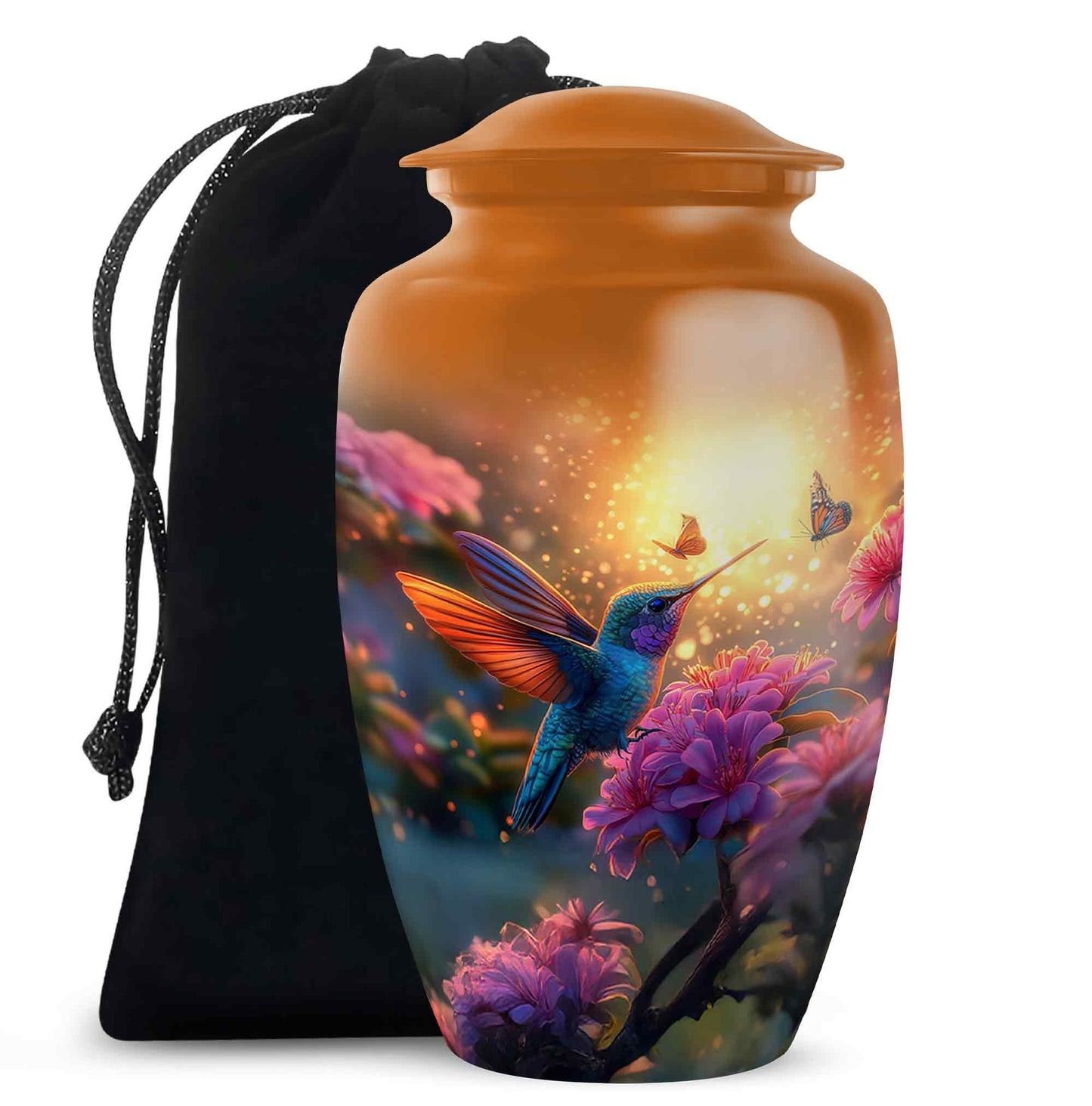 Royal Gold Hummingbird Cremation Urn angled view of lid and engraved motif - traditional hummingbird engraving with hand-polished finish - full-size 10 inch 200 cubic inch adult cremation urn
