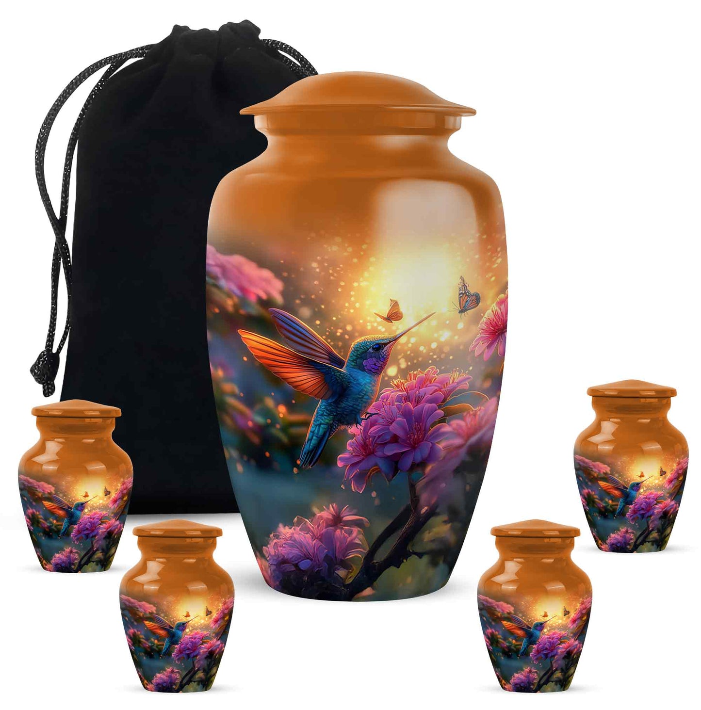 Royal Gold Hummingbird Cremation Urn top-down view of secure threaded lid - elegant classic hummingbird relief with fine detailing - memorial set with one large and four small urns