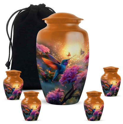 Royal Gold Hummingbird Cremation Urn top-down view of secure threaded lid - elegant classic hummingbird relief with fine detailing - memorial set with one large and four small urns