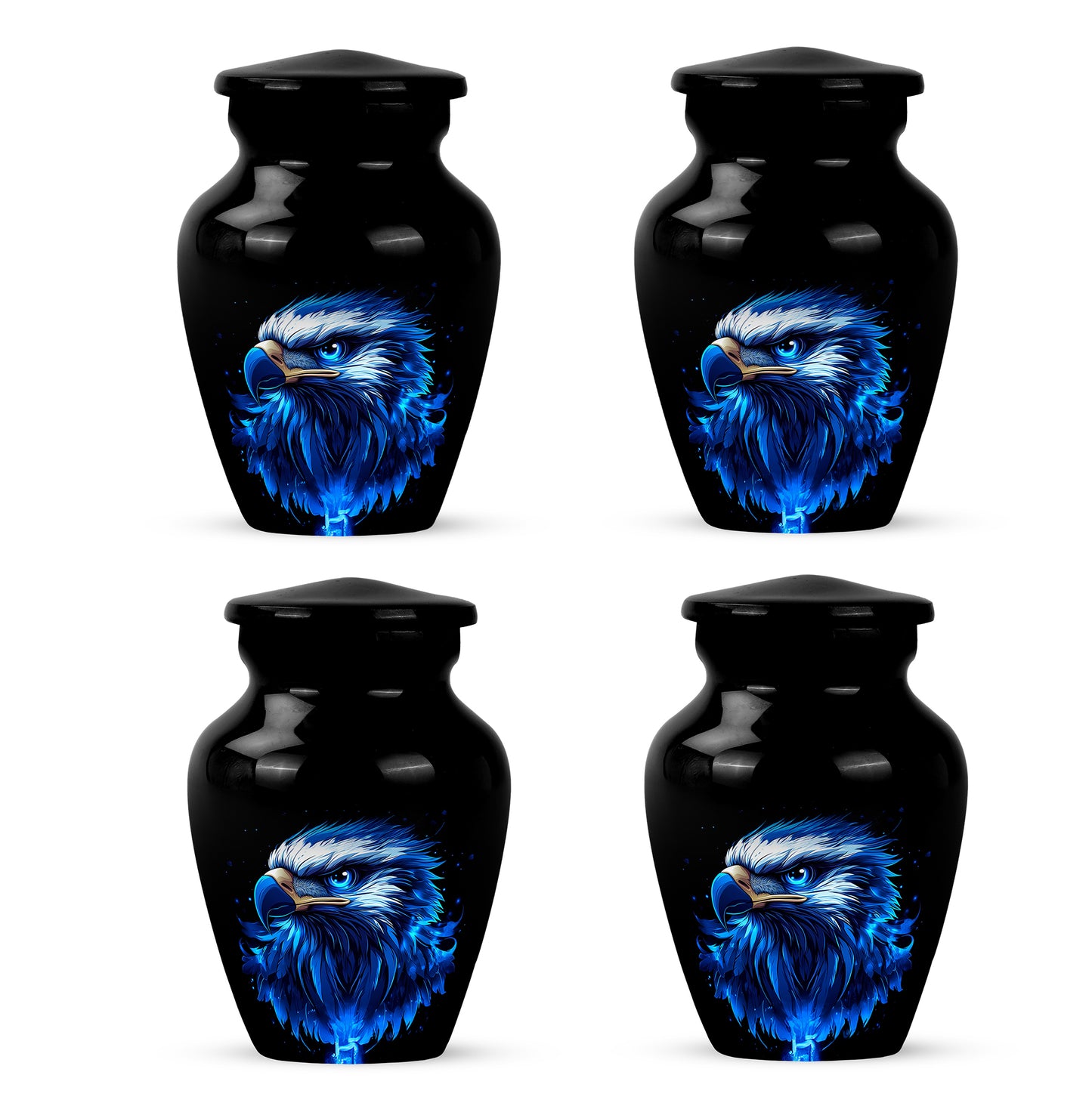 Glossy Black Eagle Cremation Urn side profile showing urn shape - timeless eagle motif etched into premium metal - 10 inch aluminum urn for cremated remains