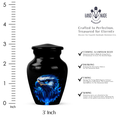 Deep Black Eagle Cremation Urn close-up of engraving and surface detail - classic sculpted eagle pattern on smooth aluminum - mini keepsake memorial for portion of cremation ashes