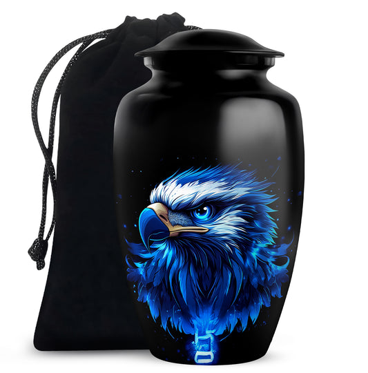 Charcoal Black Eagle Cremation Urn angled view of lid and engraved motif - traditional eagle engraving with hand-polished finish - full-size 10 inch 200 cubic inch adult cremation urn