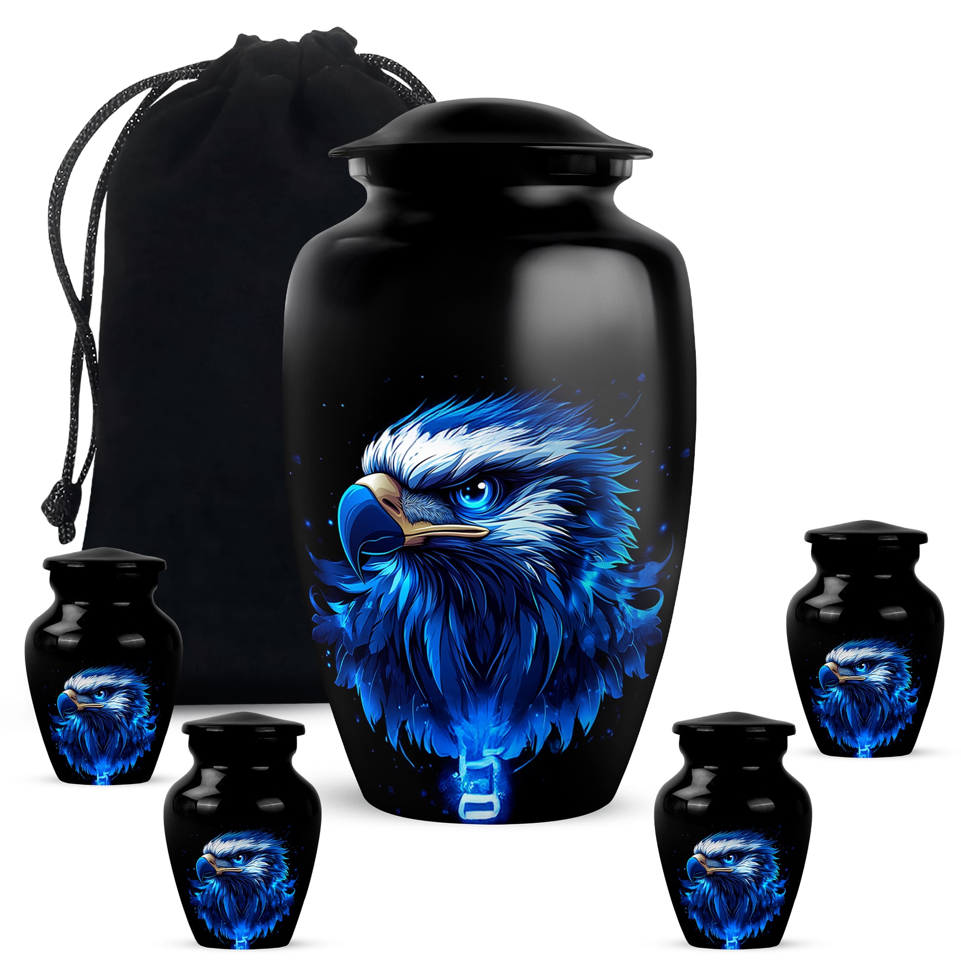 Dark Black Eagle Cremation Urn top-down view of secure threaded lid - elegant classic eagle relief with fine detailing - memorial set with one large and four small urns
