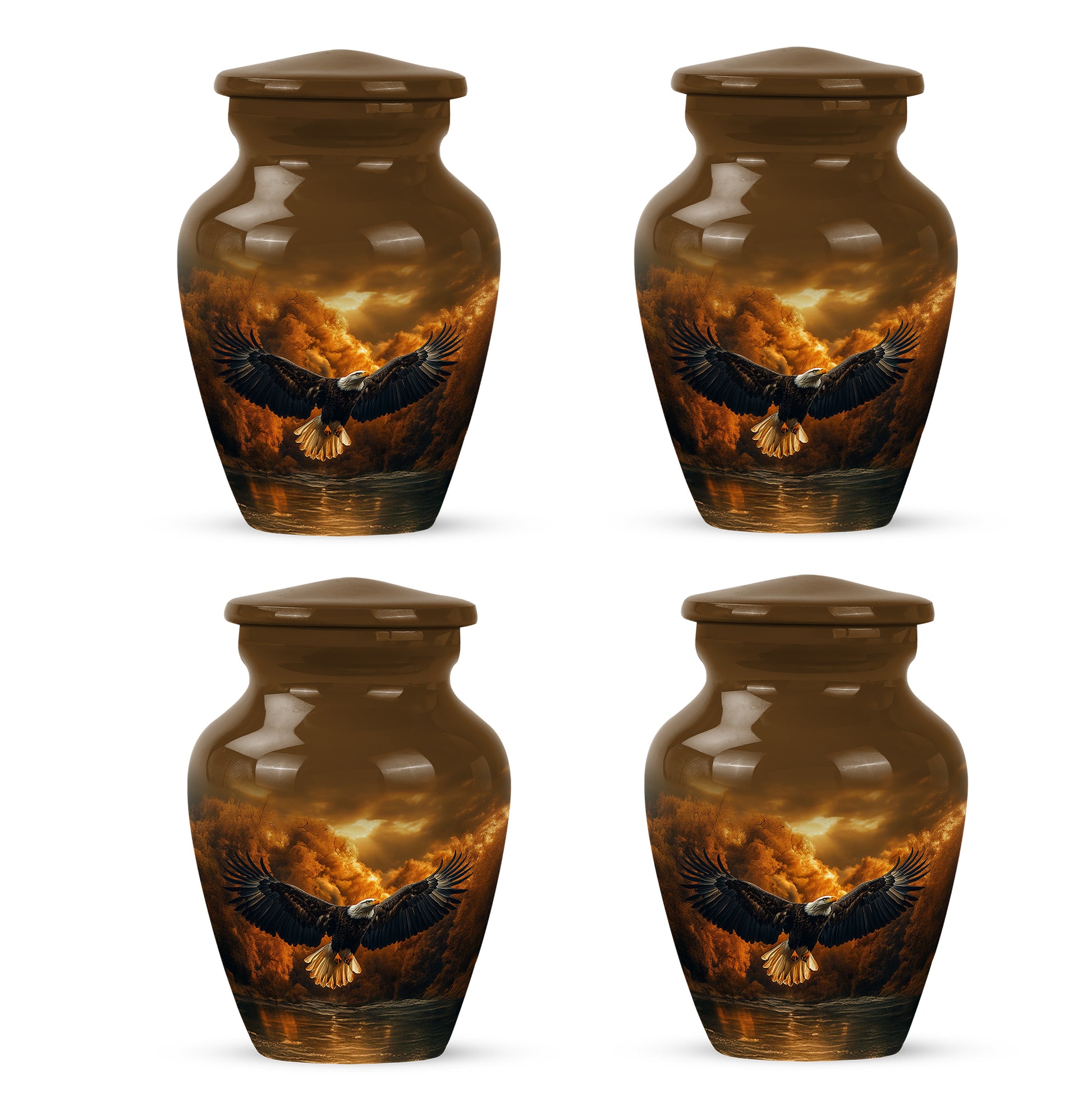 Matte Gold Eagle Cremation Urn side profile showing urn shape - traditional eagle engraving with hand-polished finish - 10 inch aluminum urn for cremated remains
