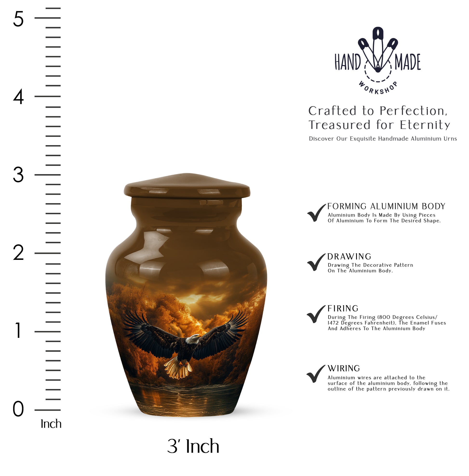 Royal Gold Eagle Cremation Urn close-up of engraving and surface detail - traditional eagle engraving with hand-polished finish - mini keepsake memorial for portion of cremation ashes