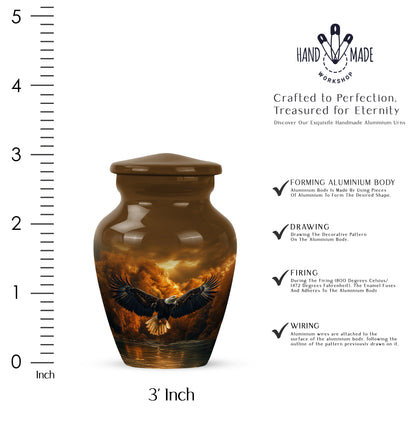 Royal Gold Eagle Cremation Urn close-up of engraving and surface detail - traditional eagle engraving with hand-polished finish - mini keepsake memorial for portion of cremation ashes