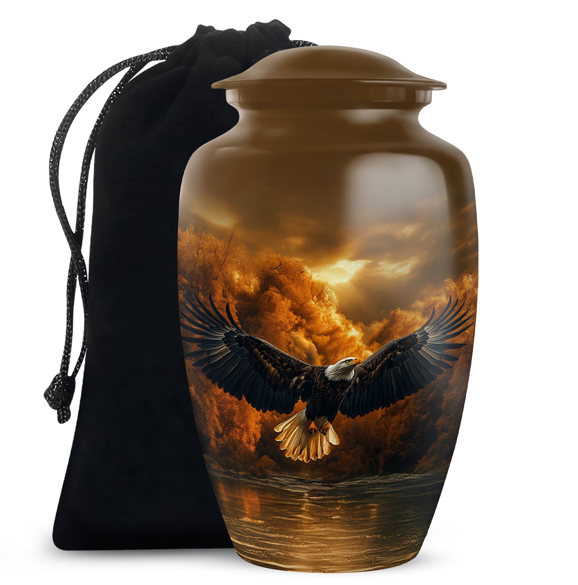 Matte Gold Eagle Cremation Urn angled view of lid and engraved motif - elegant classic eagle relief with fine detailing - full-size 10 inch 200 cubic inch adult cremation urn