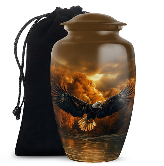 Matte Gold Eagle Cremation Urn angled view of lid and engraved motif - elegant classic eagle relief with fine detailing - full-size 10 inch 200 cubic inch adult cremation urn