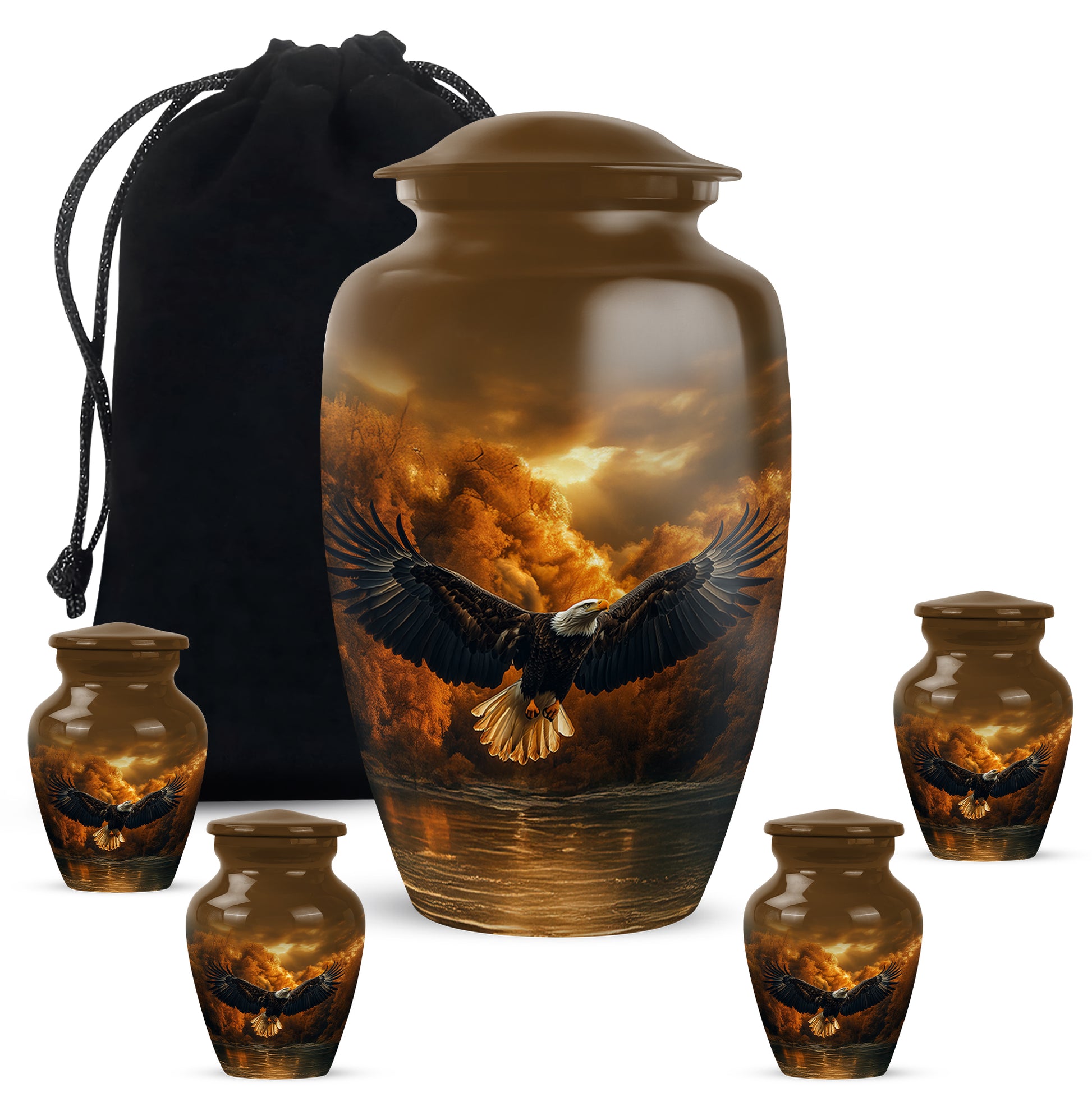 Gilded Gold Eagle Cremation Urn top-down view of secure threaded lid - classic sculpted eagle pattern on smooth aluminum - memorial set with one large and four small urns