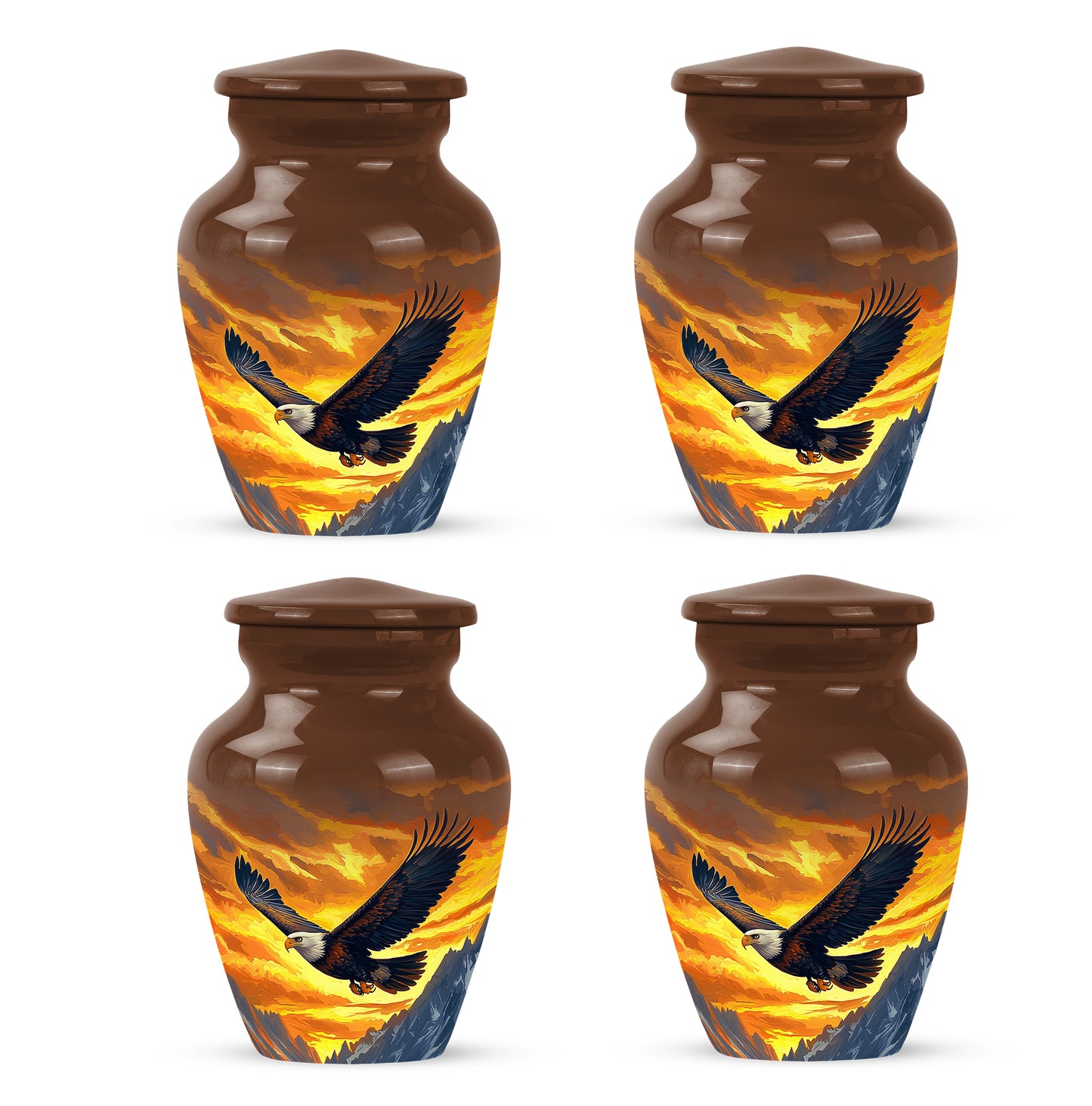 Burnished Gold Eagle Cremation Urn side profile showing urn shape - elegant classic eagle relief with fine detailing - 10 inch aluminum urn for cremated remains