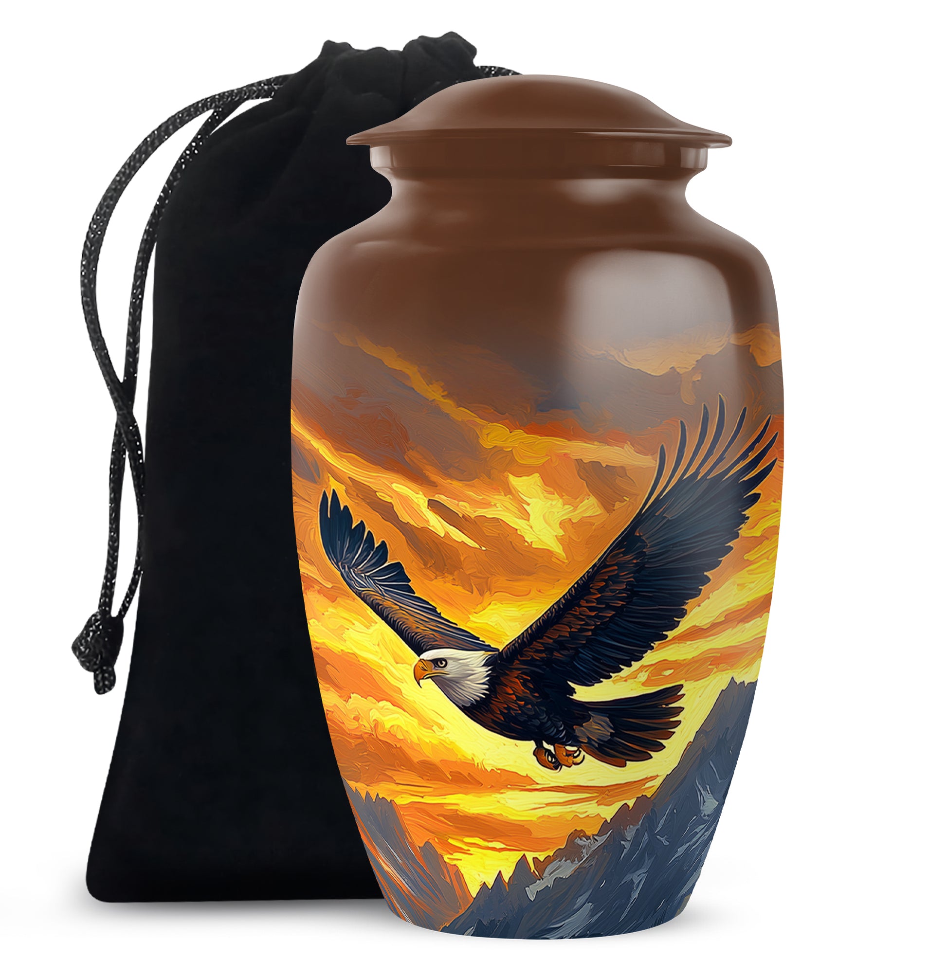 Gilded Gold Eagle Cremation Urn angled view of lid and engraved motif - classic sculpted eagle pattern on smooth aluminum - full-size 10 inch 200 cubic inch adult cremation urn