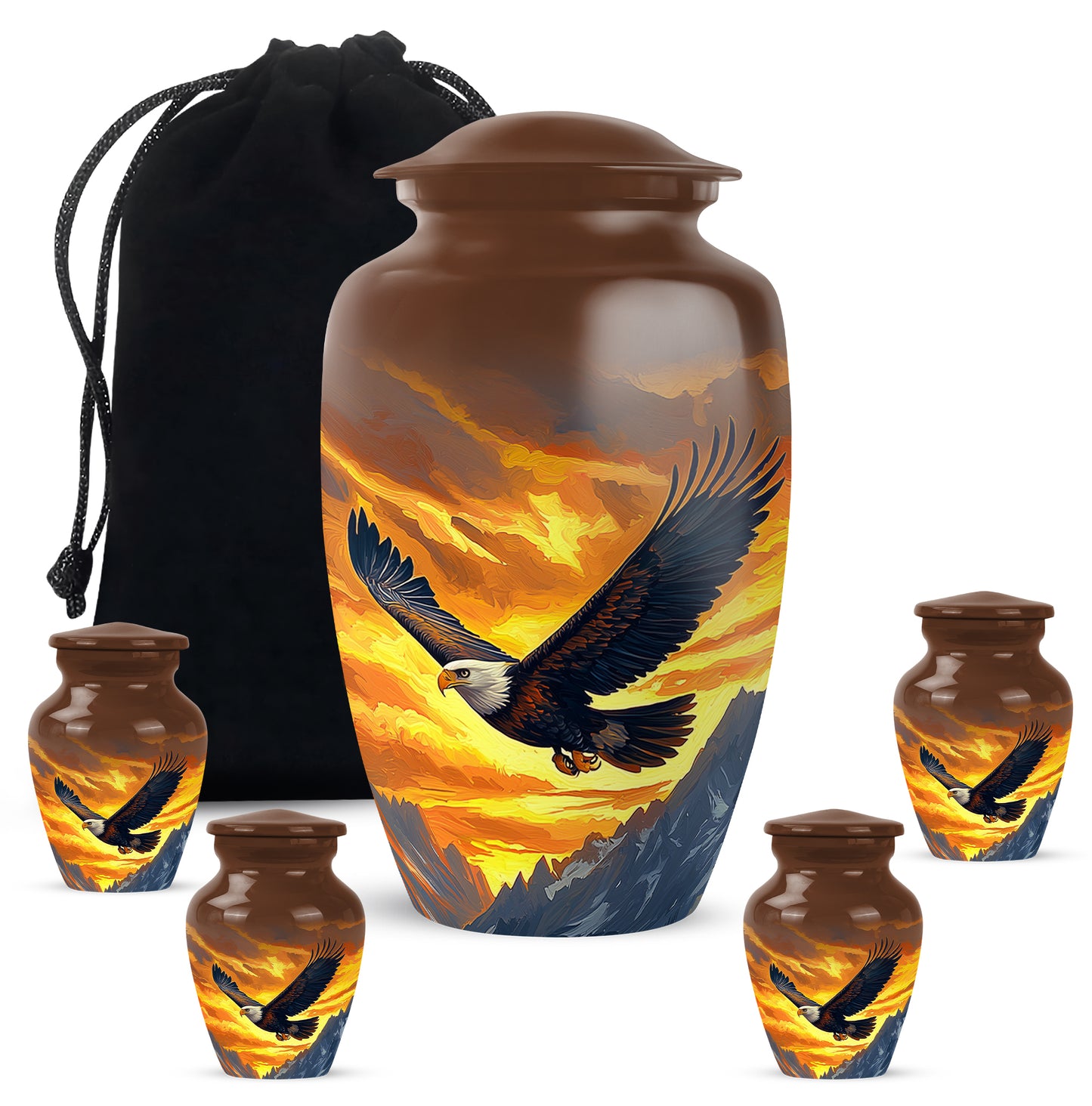 Matte Gold Eagle Cremation Urn top-down view of secure threaded lid - traditional eagle engraving with hand-polished finish - memorial set with one large and four small urns