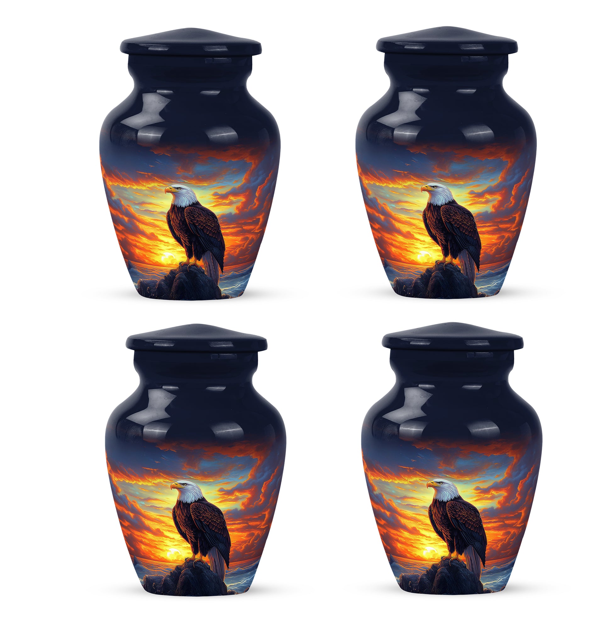 Royal Blue Eagle Cremation Urn side profile showing urn shape - traditional eagle engraving with hand-polished finish - 10 inch aluminum urn for cremated remains