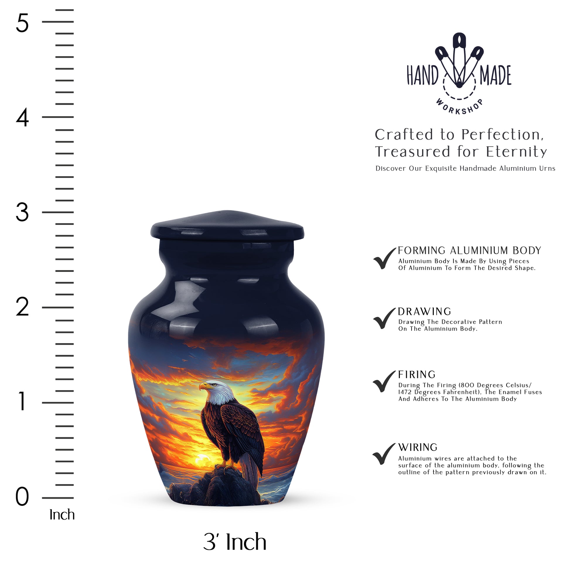 Vivid Blue Eagle Cremation Urn close-up of engraving and surface detail - traditional eagle engraving with hand-polished finish - mini keepsake memorial for portion of cremation ashes