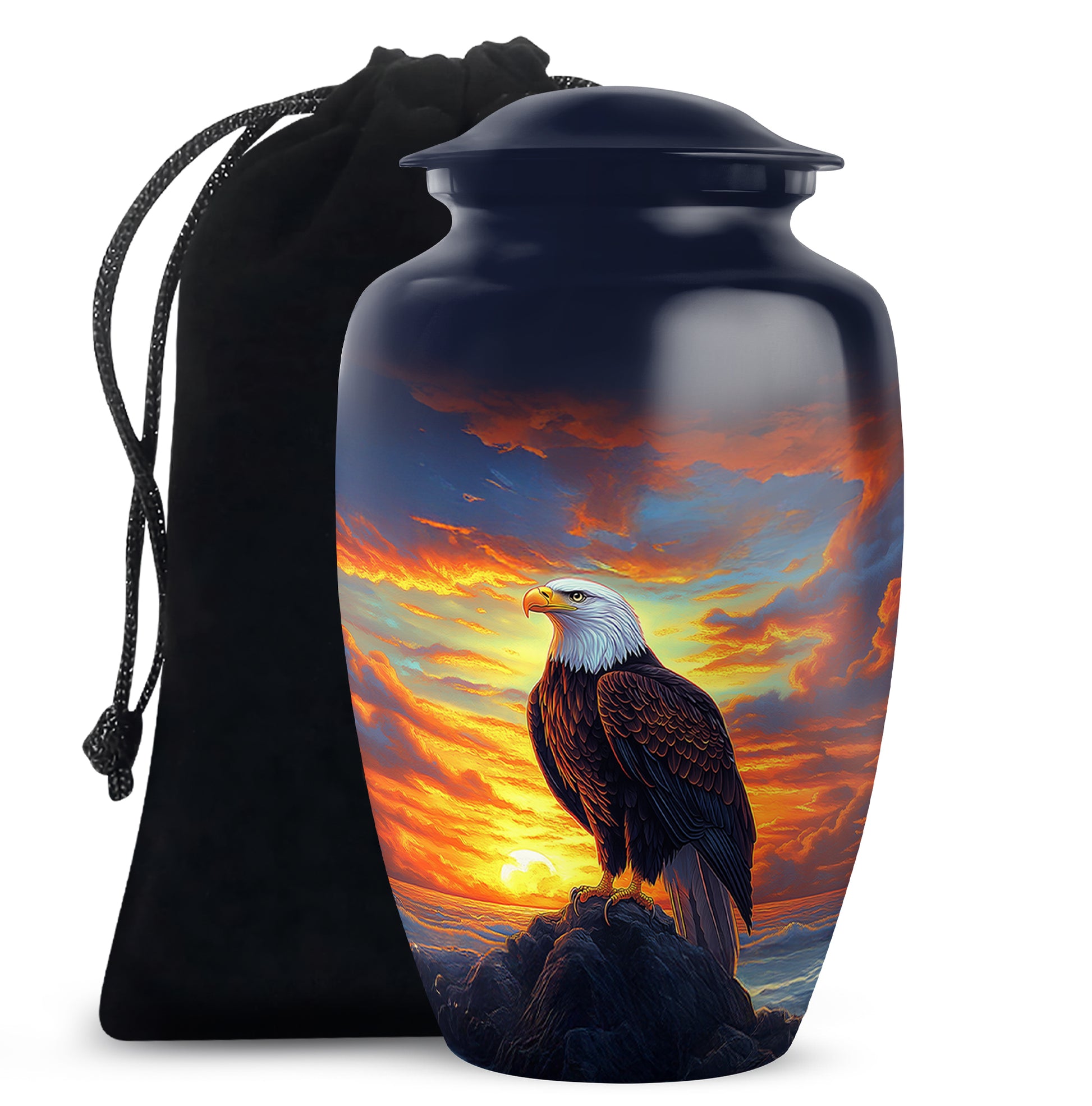 Royal Blue Eagle Cremation Urn angled view of lid and engraved motif - elegant classic eagle relief with fine detailing - full-size 10 inch 200 cubic inch adult cremation urn