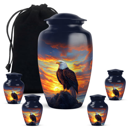 Steel Blue Eagle Cremation Urn top-down view of secure threaded lid - elegant classic eagle relief with fine detailing - memorial set with one large and four small urns