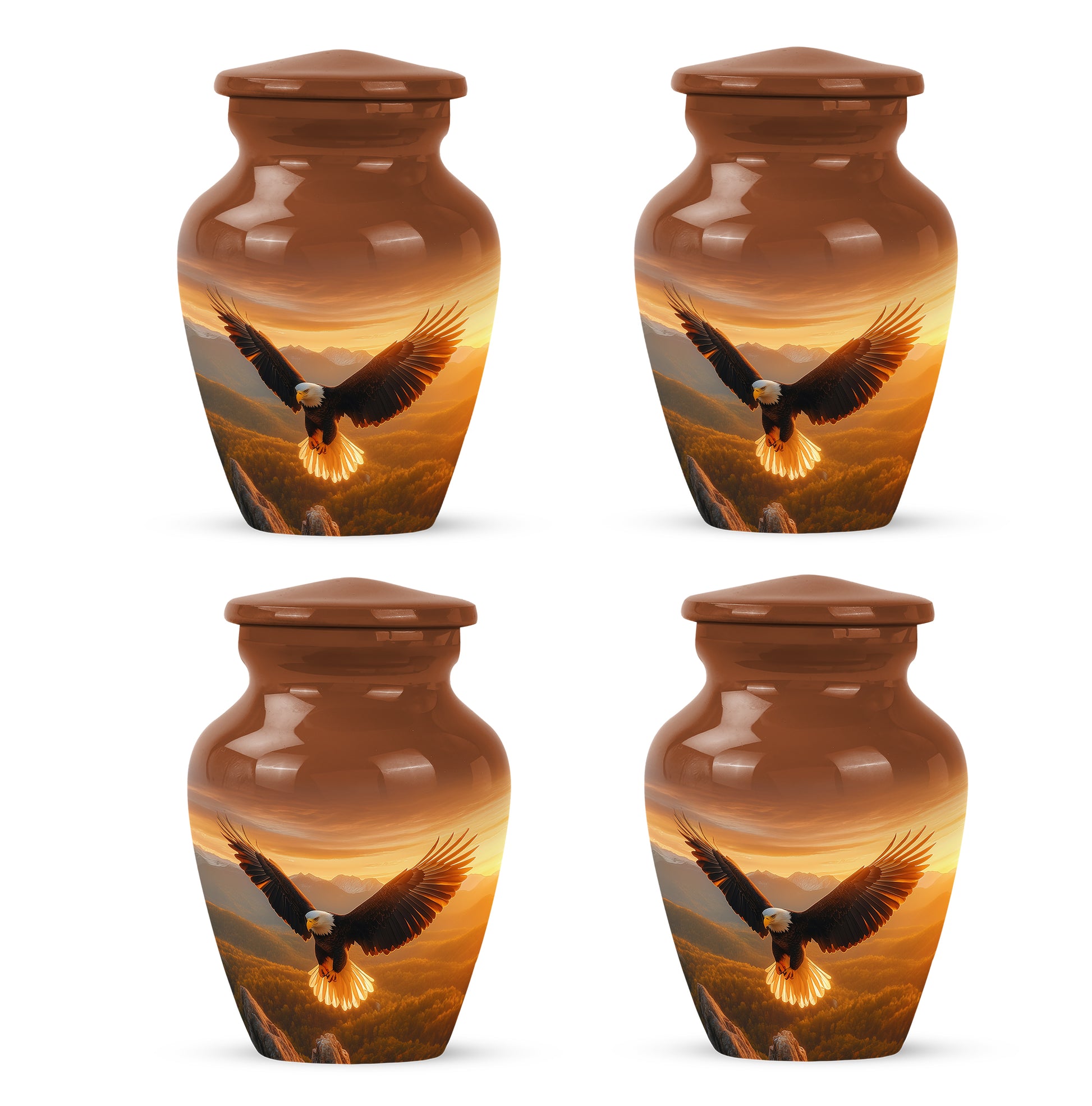 Harvest Gold Eagle Cremation Urn side profile showing urn shape - elegant classic eagle relief with fine detailing - 10 inch aluminum urn for cremated remains