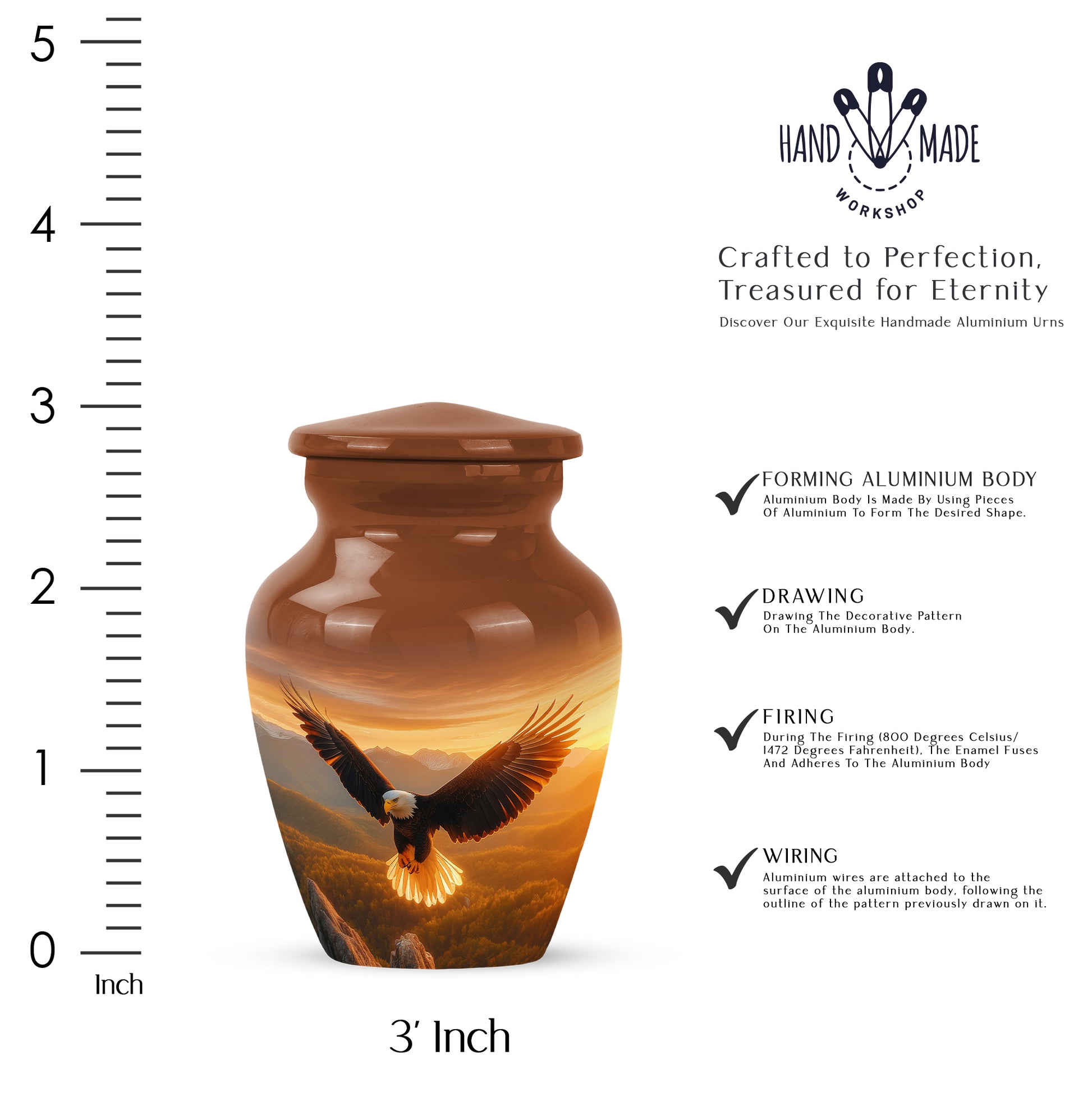 Matte Gold Eagle Cremation Urn close-up of engraving and surface detail - elegant classic eagle relief with fine detailing - mini keepsake memorial for portion of cremation ashes