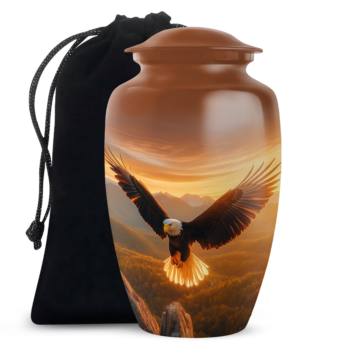Amber Gold Eagle Cremation Urn angled view of lid and engraved motif - classic sculpted eagle pattern on smooth aluminum - full-size 10 inch 200 cubic inch adult cremation urn