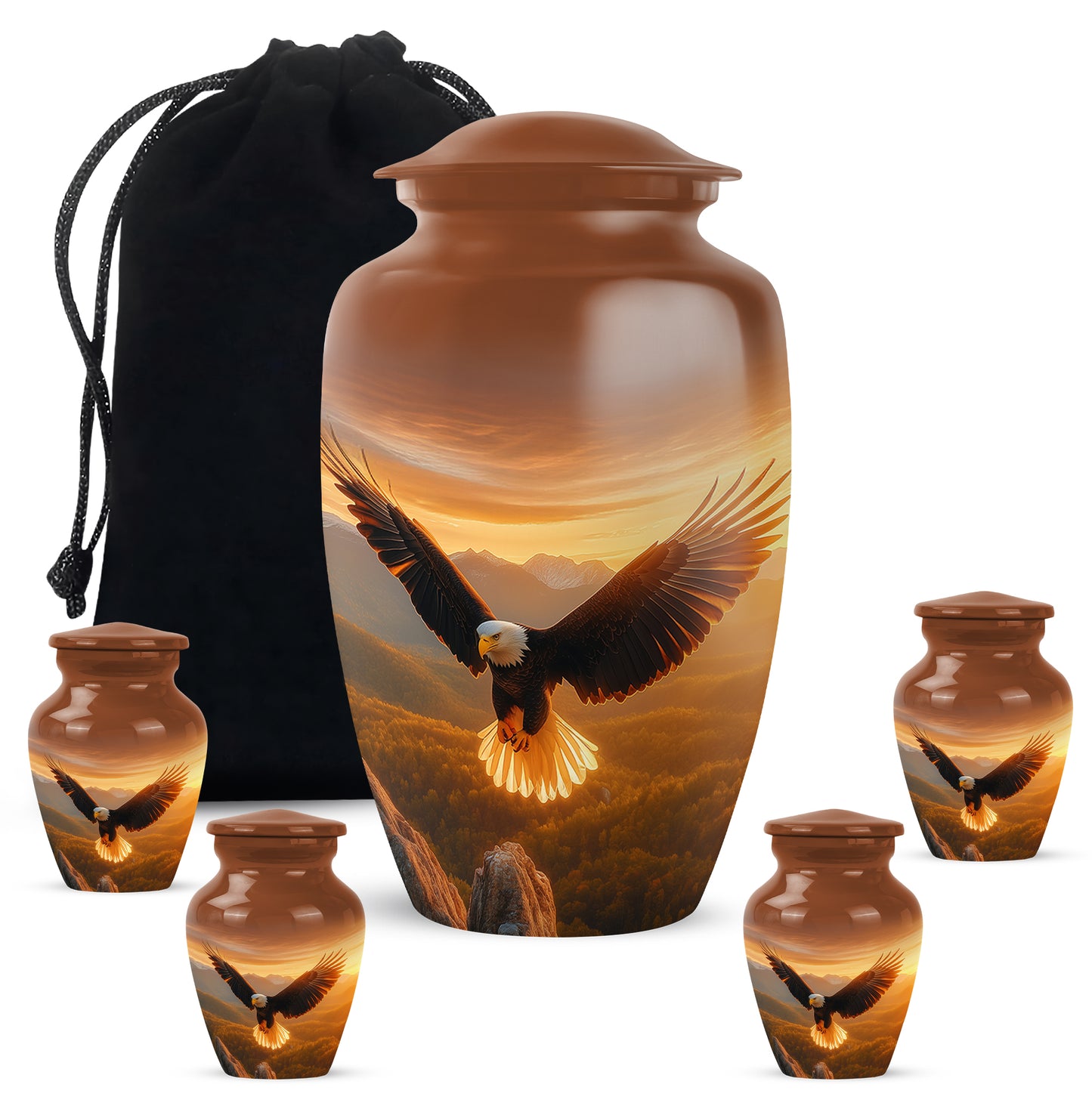 Royal Gold Eagle Cremation Urn top-down view of secure threaded lid - elegant classic eagle relief with fine detailing - memorial set with one large and four small urns