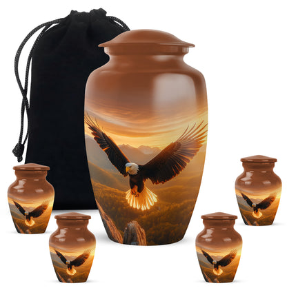 Royal Gold Eagle Cremation Urn top-down view of secure threaded lid - elegant classic eagle relief with fine detailing - memorial set with one large and four small urns