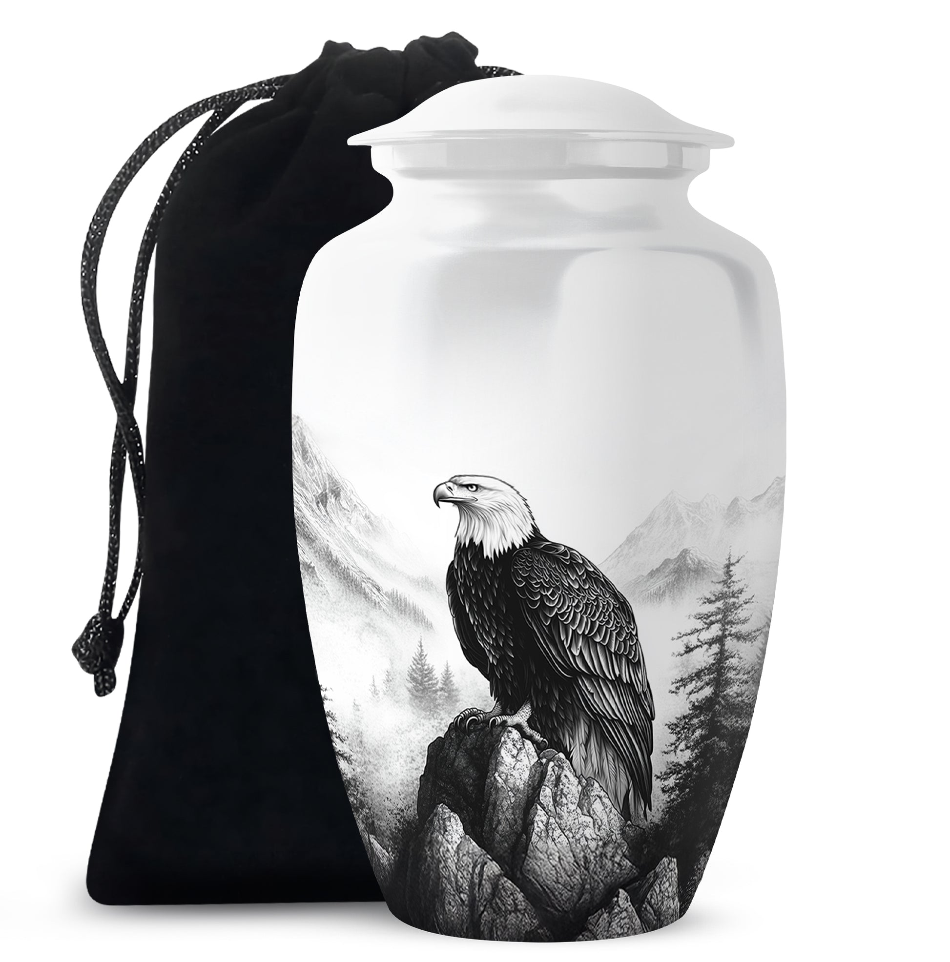 Polished Silver Eagle Cremation Urn angled view of lid and engraved motif - elegant classic eagle relief with fine detailing - full-size 10 inch 200 cubic inch adult cremation urn