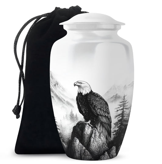 Polished Silver Eagle Cremation Urn angled view of lid and engraved motif - elegant classic eagle relief with fine detailing - full-size 10 inch 200 cubic inch adult cremation urn
