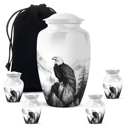 Polished Silver Eagle Cremation Urn top-down view of secure threaded lid - traditional eagle engraving with hand-polished finish - memorial set with one large and four small urns