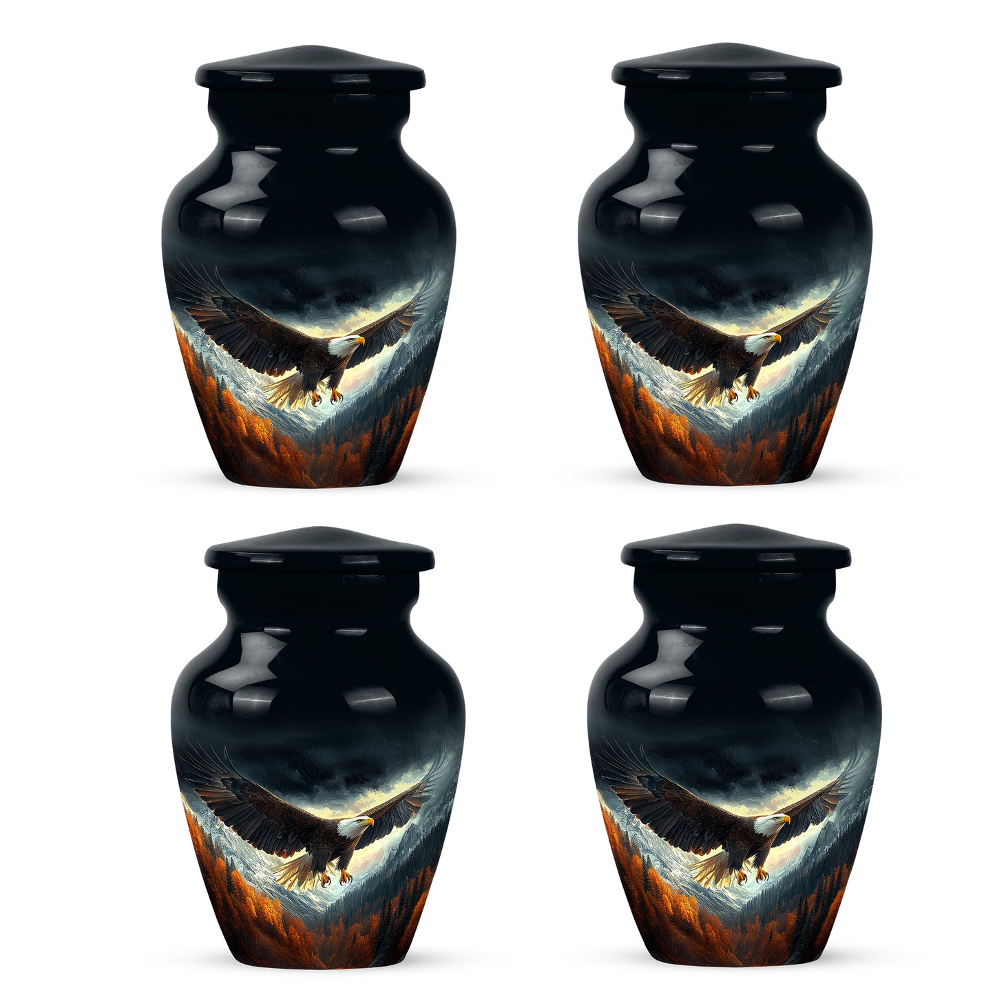 Ebony Eagle Cremation Urn side profile showing urn shape - classic sculpted eagle pattern on smooth aluminum - 10 inch aluminum urn for cremated remains