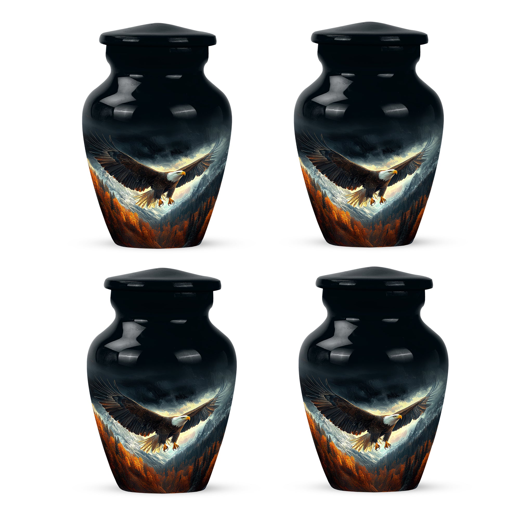 Ebony Eagle Cremation Urn side profile showing urn shape - classic sculpted eagle pattern on smooth aluminum - 10 inch aluminum urn for cremated remains