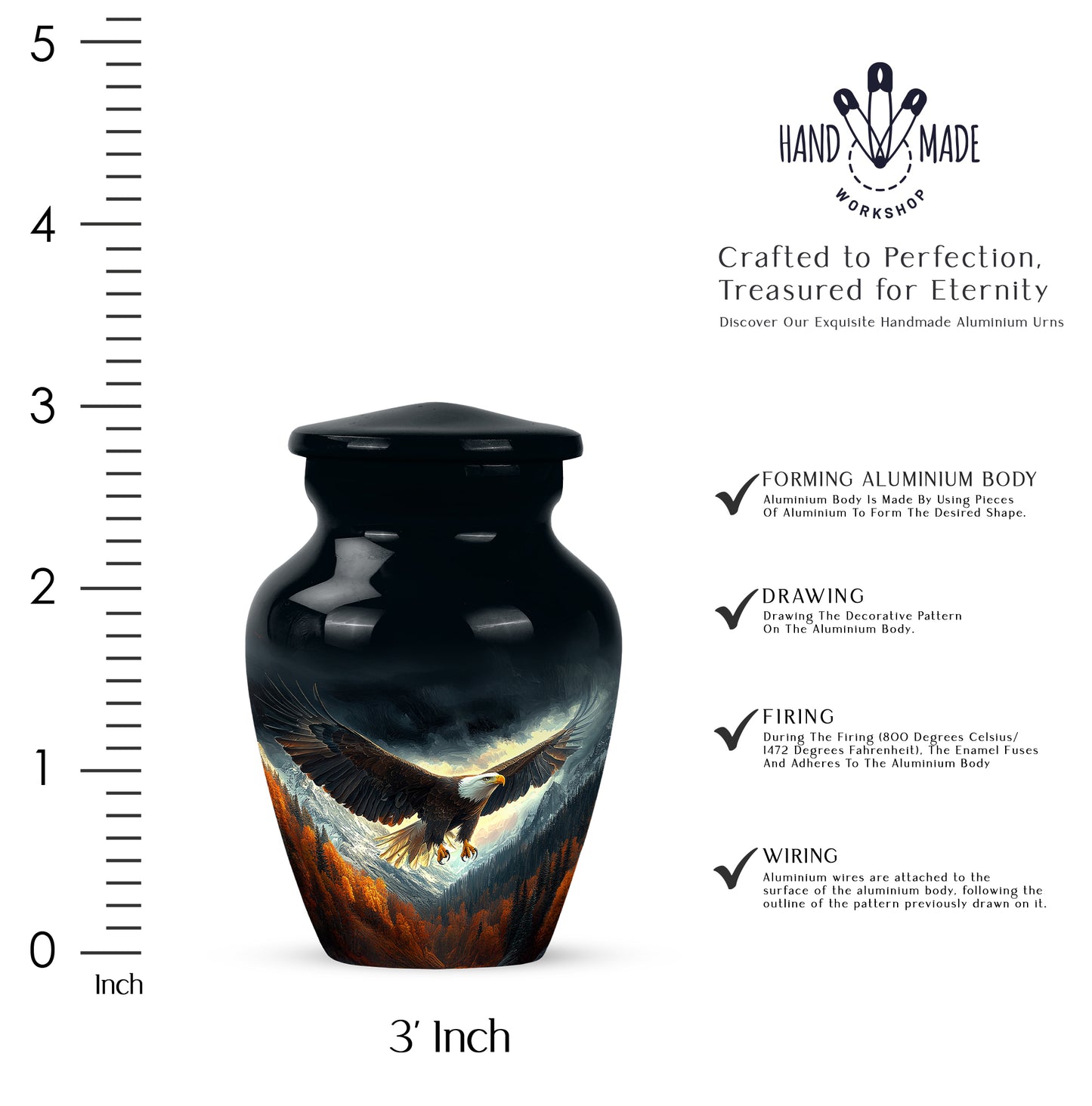 Ebony Eagle Cremation Urn close-up of engraving and surface detail - classic sculpted eagle pattern on smooth aluminum - mini keepsake memorial for portion of cremation ashes