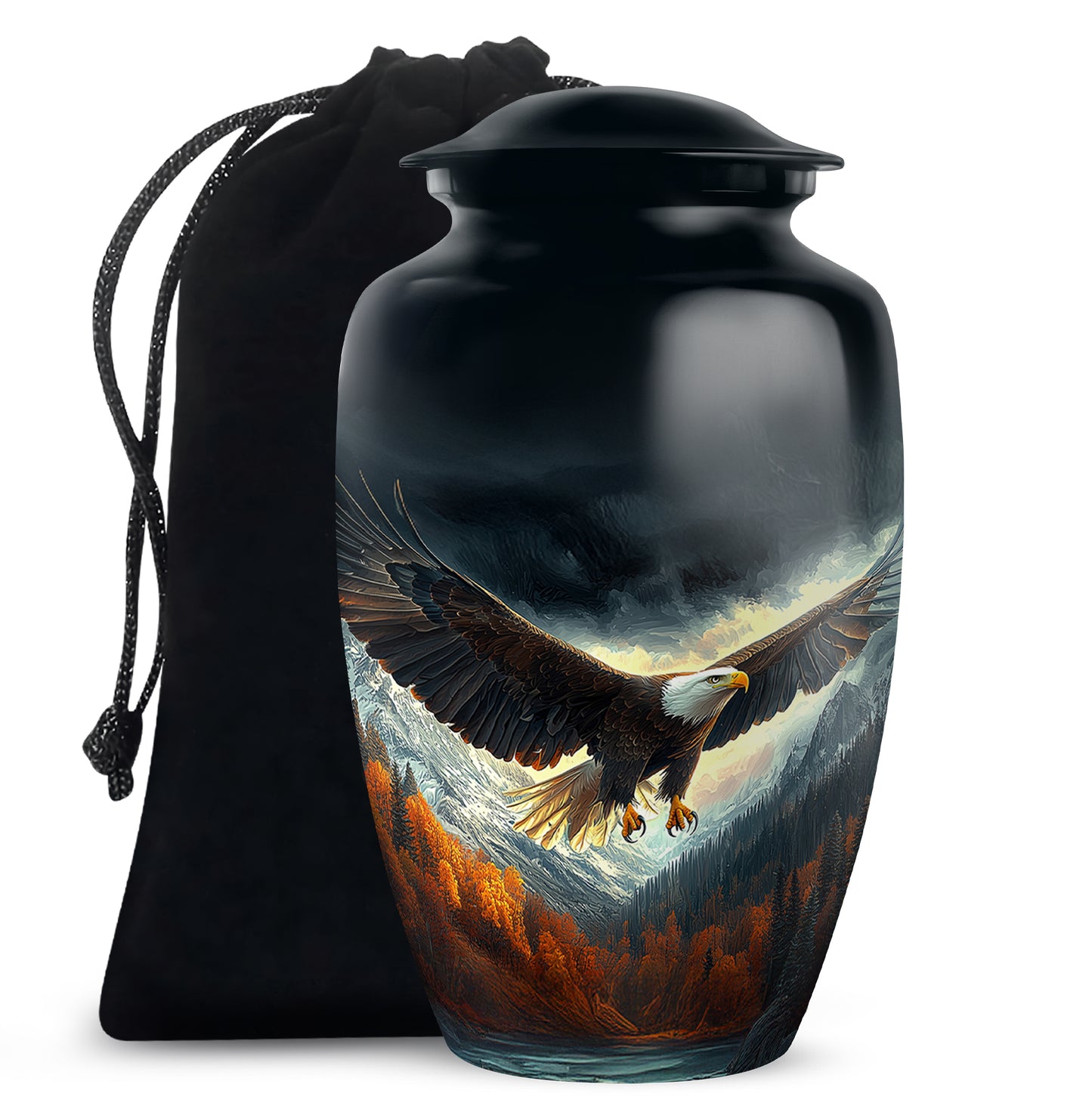 Deep Black Eagle Cremation Urn angled view of lid and engraved motif - timeless eagle motif etched into premium metal - full-size 10 inch 200 cubic inch adult cremation urn