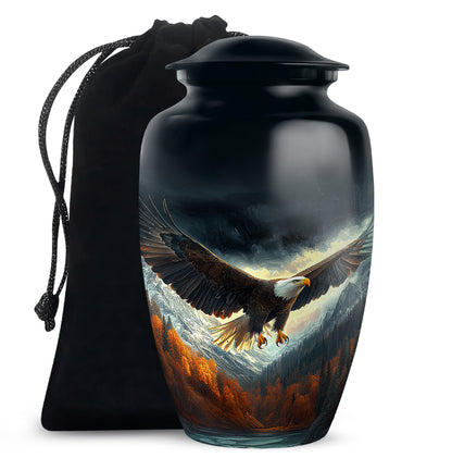 Deep Black Eagle Cremation Urn angled view of lid and engraved motif - timeless eagle motif etched into premium metal - full-size 10 inch 200 cubic inch adult cremation urn