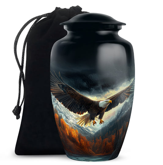 Deep Black Eagle Cremation Urn angled view of lid and engraved motif - timeless eagle motif etched into premium metal - full-size 10 inch 200 cubic inch adult cremation urn