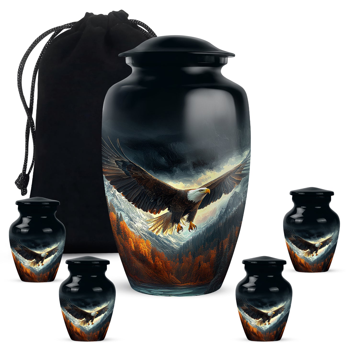 Ebony Eagle Cremation Urn top-down view of secure threaded lid - classic sculpted eagle pattern on smooth aluminum - memorial set with one large and four small urns