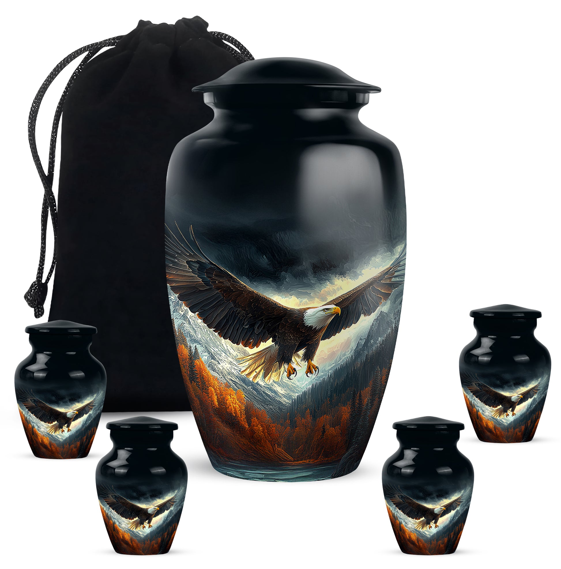 Ebony Eagle Cremation Urn top-down view of secure threaded lid - classic sculpted eagle pattern on smooth aluminum - memorial set with one large and four small urns
