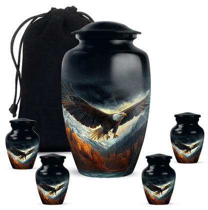 Ebony Eagle Cremation Urn top-down view of secure threaded lid - classic sculpted eagle pattern on smooth aluminum - memorial set with one large and four small urns