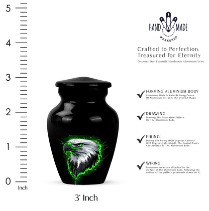 Dark Black Eagle Cremation Urn close-up of engraving and surface detail - traditional eagle engraving with hand-polished finish - mini keepsake memorial for portion of cremation ashes