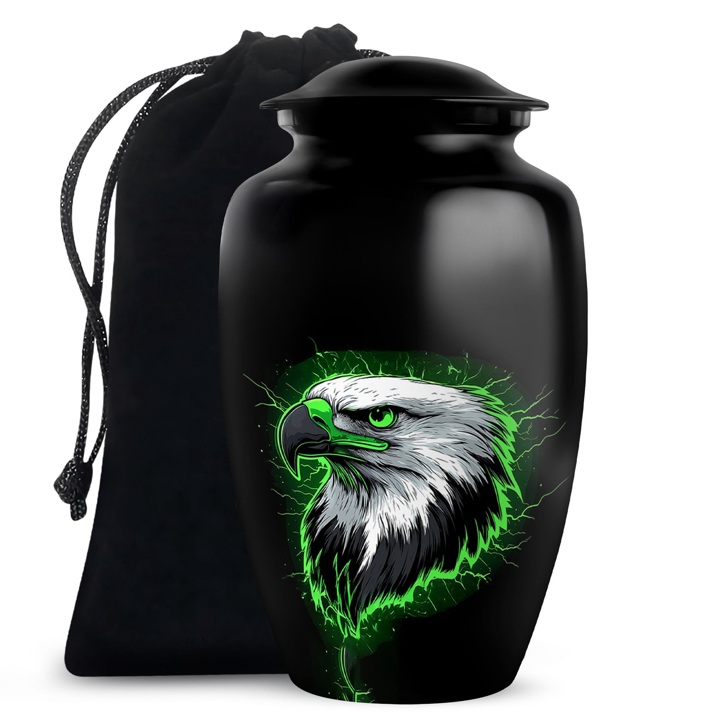 Dark Black Eagle Cremation Urn angled view of lid and engraved motif - elegant classic eagle relief with fine detailing - full-size 10 inch 200 cubic inch adult cremation urn