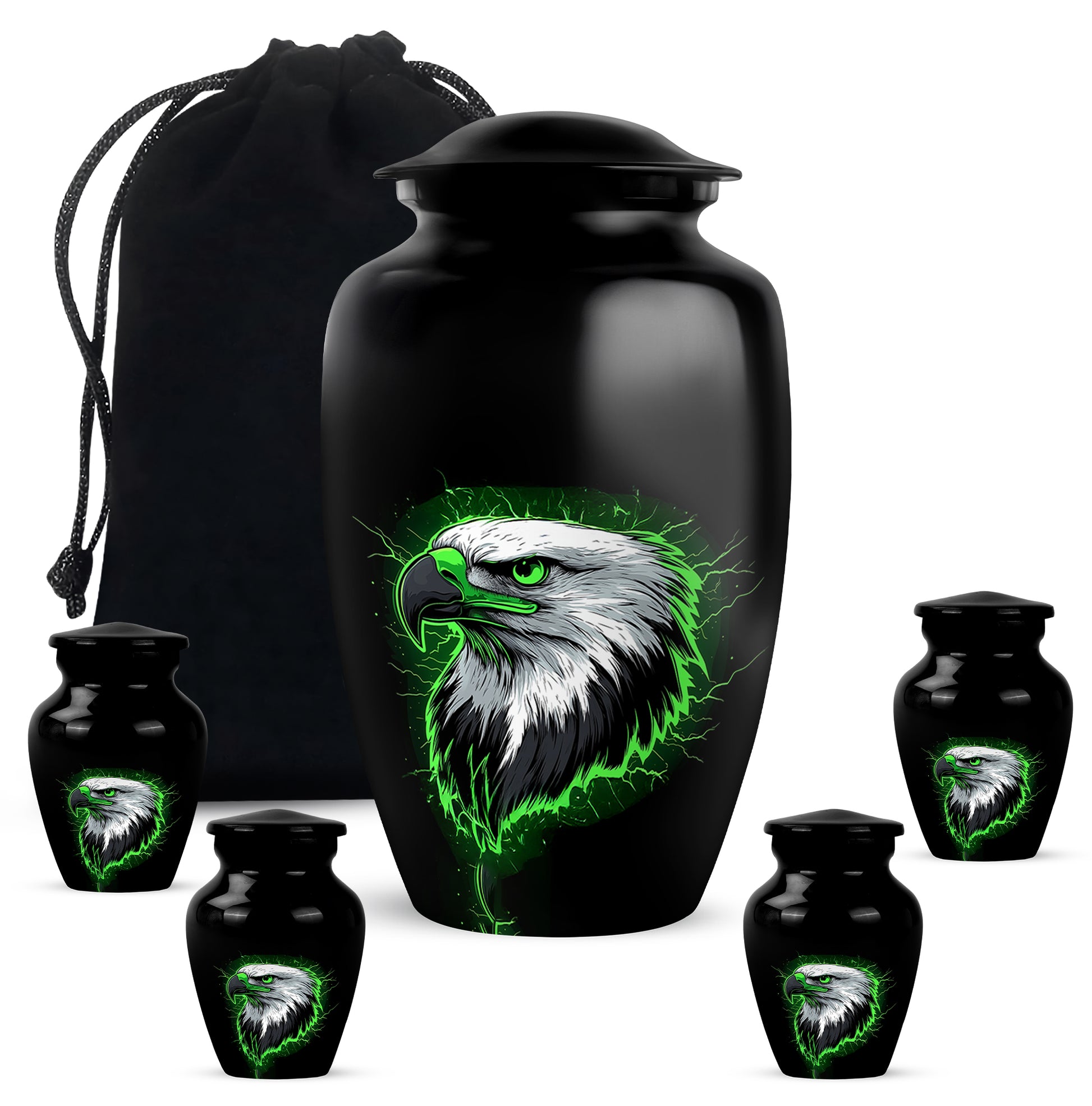 Glossy Black Eagle Cremation Urn top-down view of secure threaded lid - classic sculpted eagle pattern on smooth aluminum - memorial set with one large and four small urns