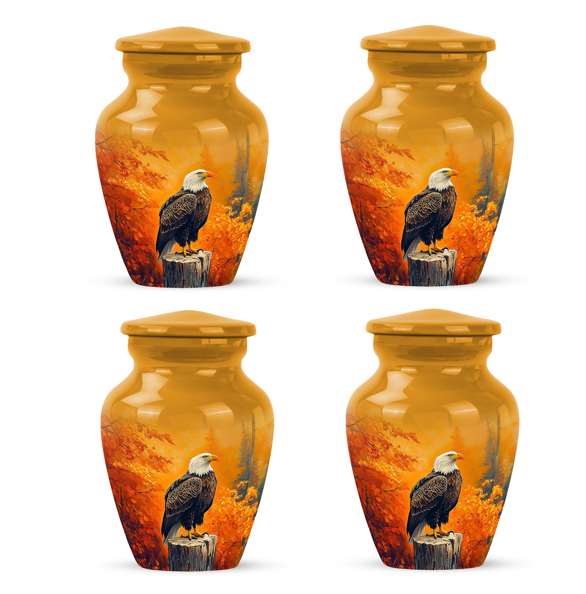 Warm Gold Eagle Cremation Urn side profile showing urn shape - elegant classic eagle relief with fine detailing - 10 inch aluminum urn for cremated remains