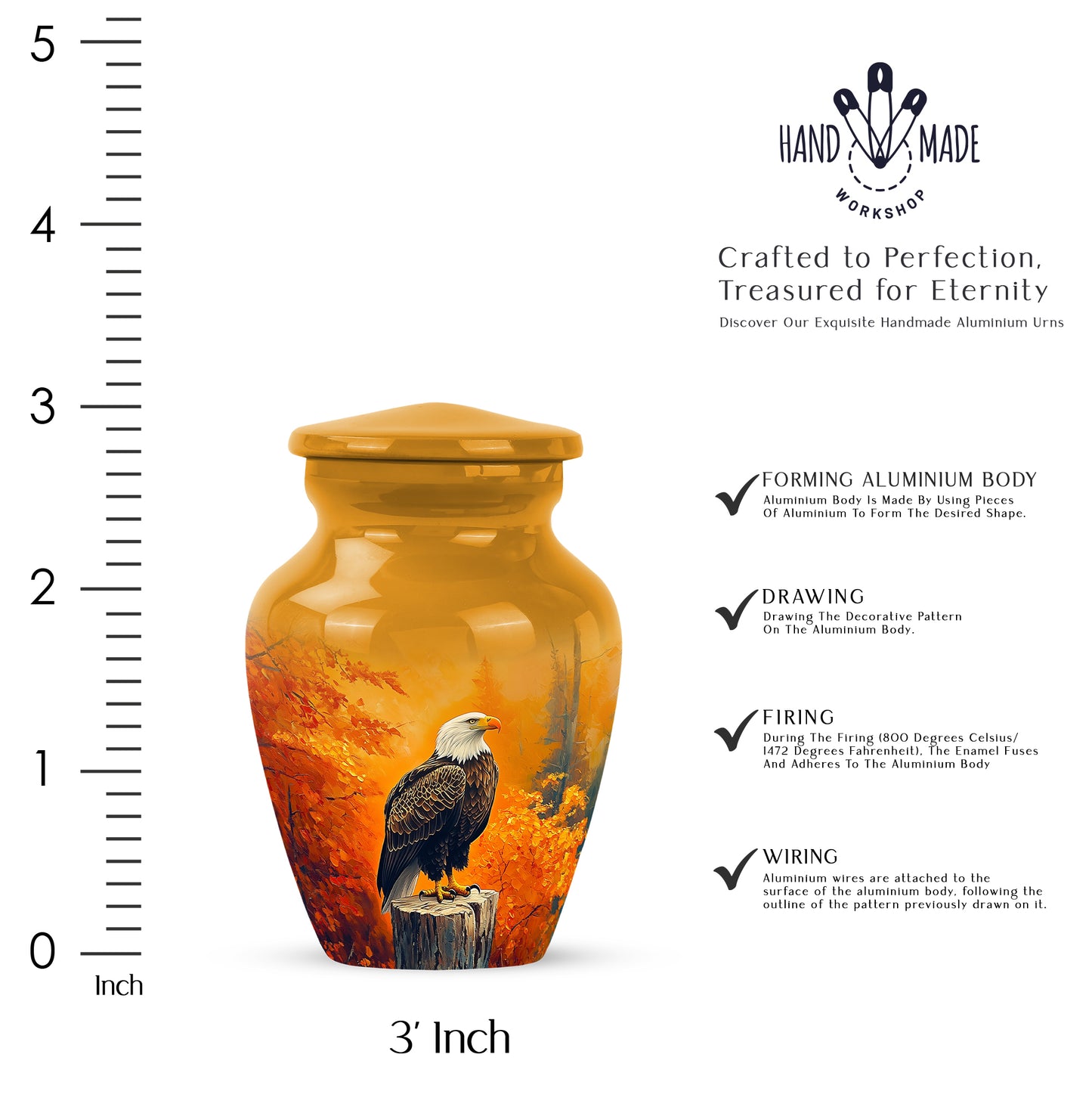 Sunrise Gold Eagle Cremation Urn close-up of engraving and surface detail - timeless eagle motif etched into premium metal - mini keepsake memorial for portion of cremation ashes