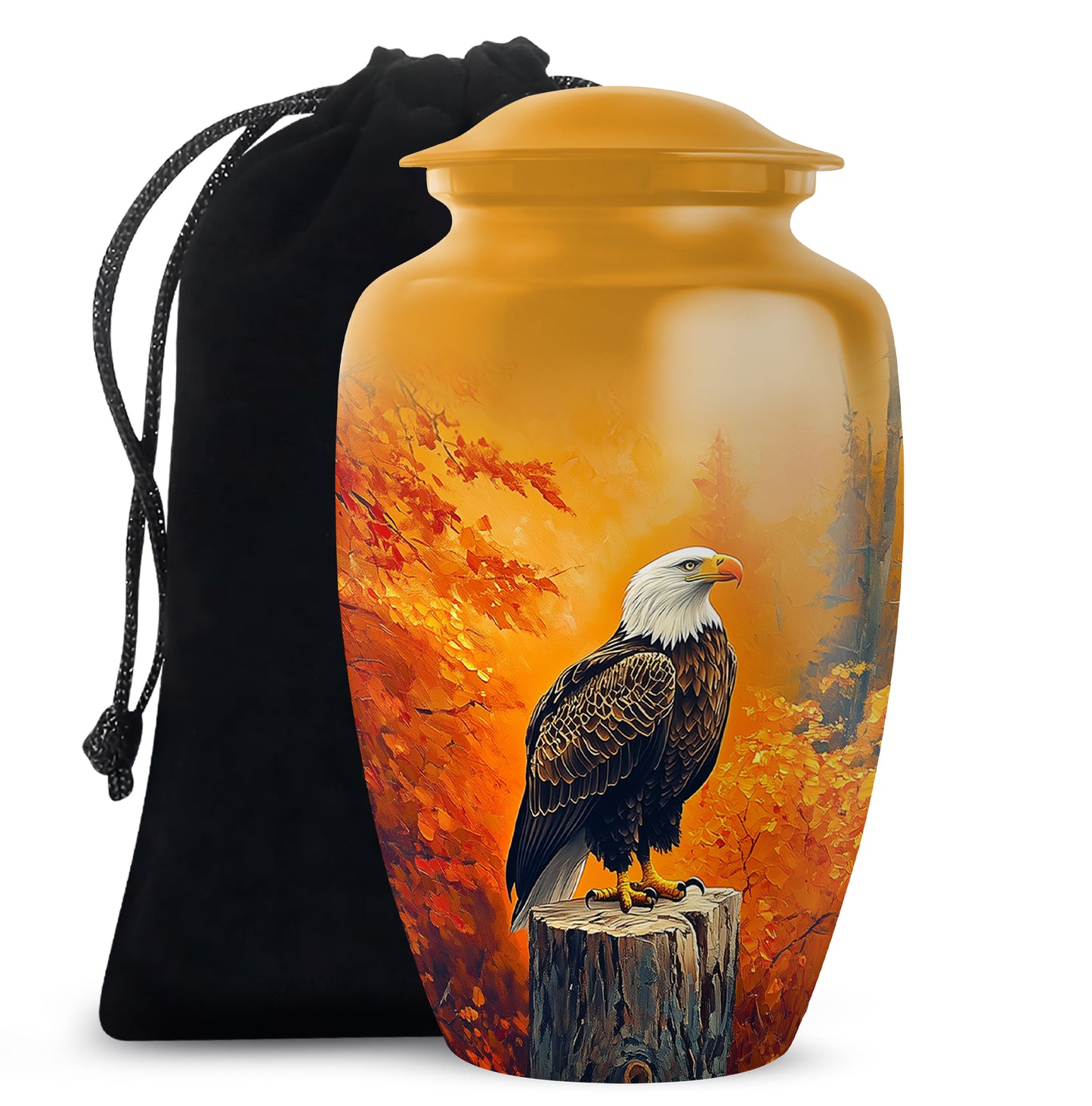 Matte Gold Eagle Cremation Urn angled view of lid and engraved motif - elegant classic eagle relief with fine detailing - full-size 10 inch 200 cubic inch adult cremation urn
