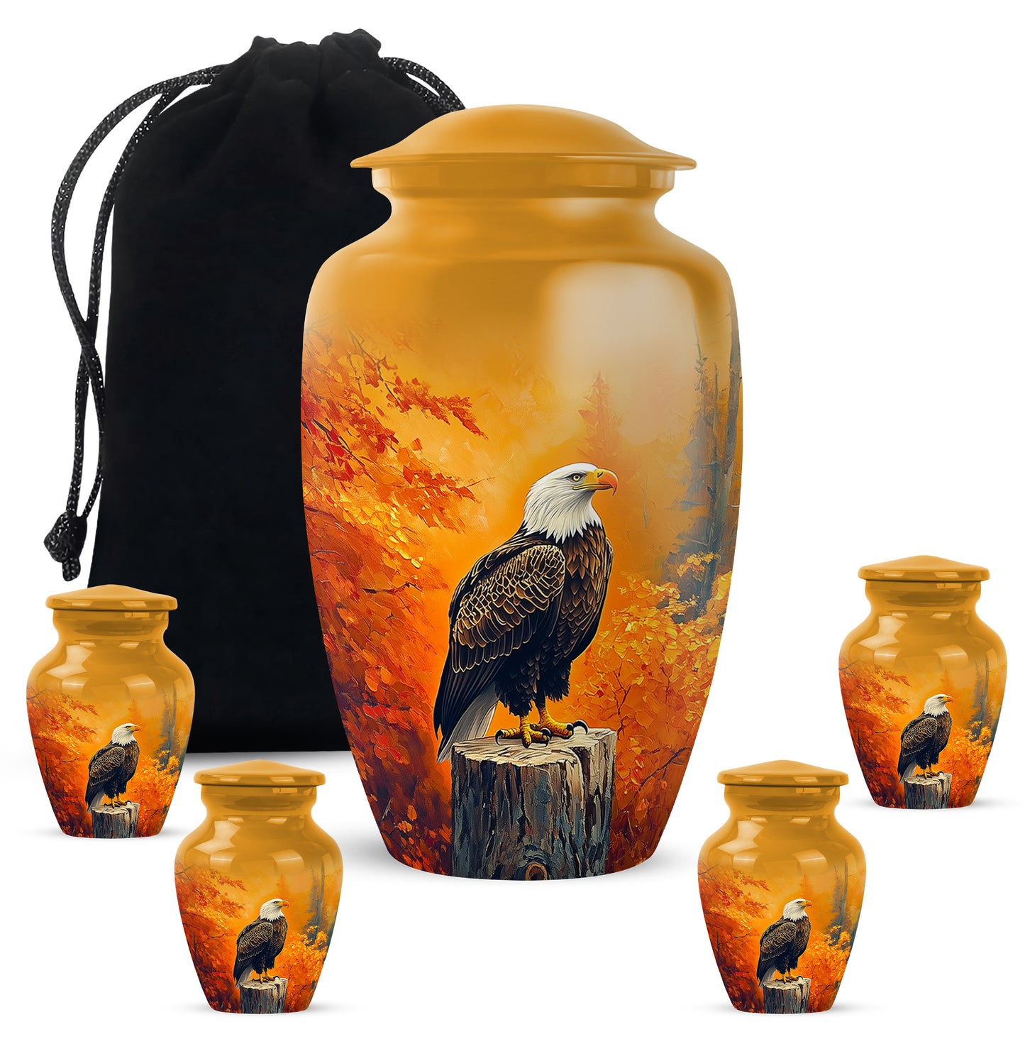 Amber Gold Eagle Cremation Urn top-down view of secure threaded lid - classic sculpted eagle pattern on smooth aluminum - memorial set with one large and four small urns