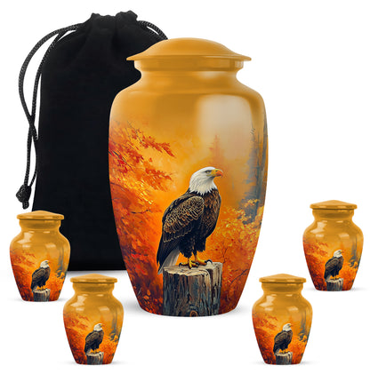 Amber Gold Eagle Cremation Urn top-down view of secure threaded lid - classic sculpted eagle pattern on smooth aluminum - memorial set with one large and four small urns