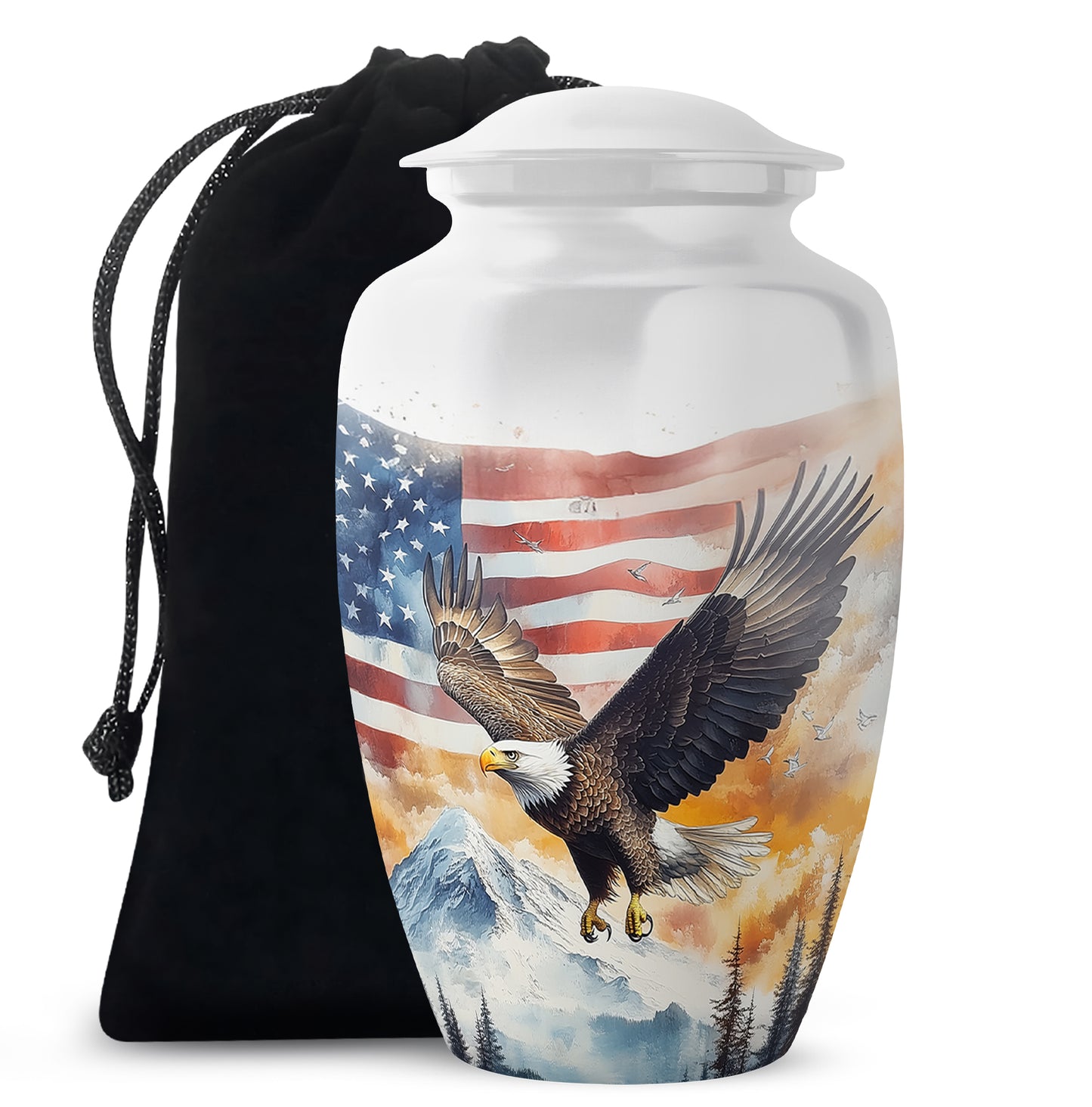 Satin Silver Eagle Cremation Urn angled view of lid and engraved motif - classic sculpted eagle pattern on smooth aluminum - full-size 10 inch 200 cubic inch adult cremation urn